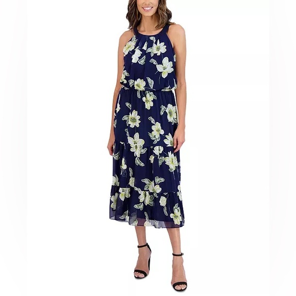 Robbie Bee Navy, Yellow, Green, White and Cream Textured Floral Midi Dress - Picture 1 of 15
